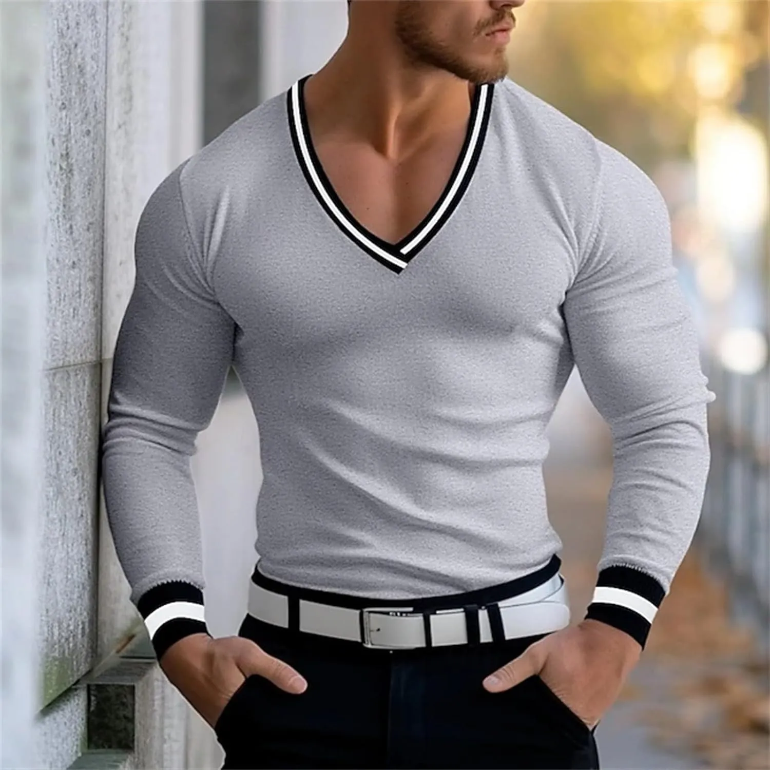 Mens V Neck Low Cut Stretch Muscle Basic Pullover Shirts Tops Slim Fit Thermal Long Sleeve Casual Grunge Sweater