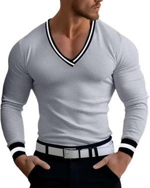 Mens V Neck Low Cut Stretch Muscle Basic Pullover Shirts Tops Slim Fit Thermal Long Sleeve Casual Grunge Sweater