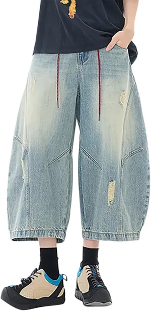 Mens Y2K Vintage Baggy Jean Shorts Wide Leg Hip Hop Mid Loose Denim Shorts with Pockets Streetwear