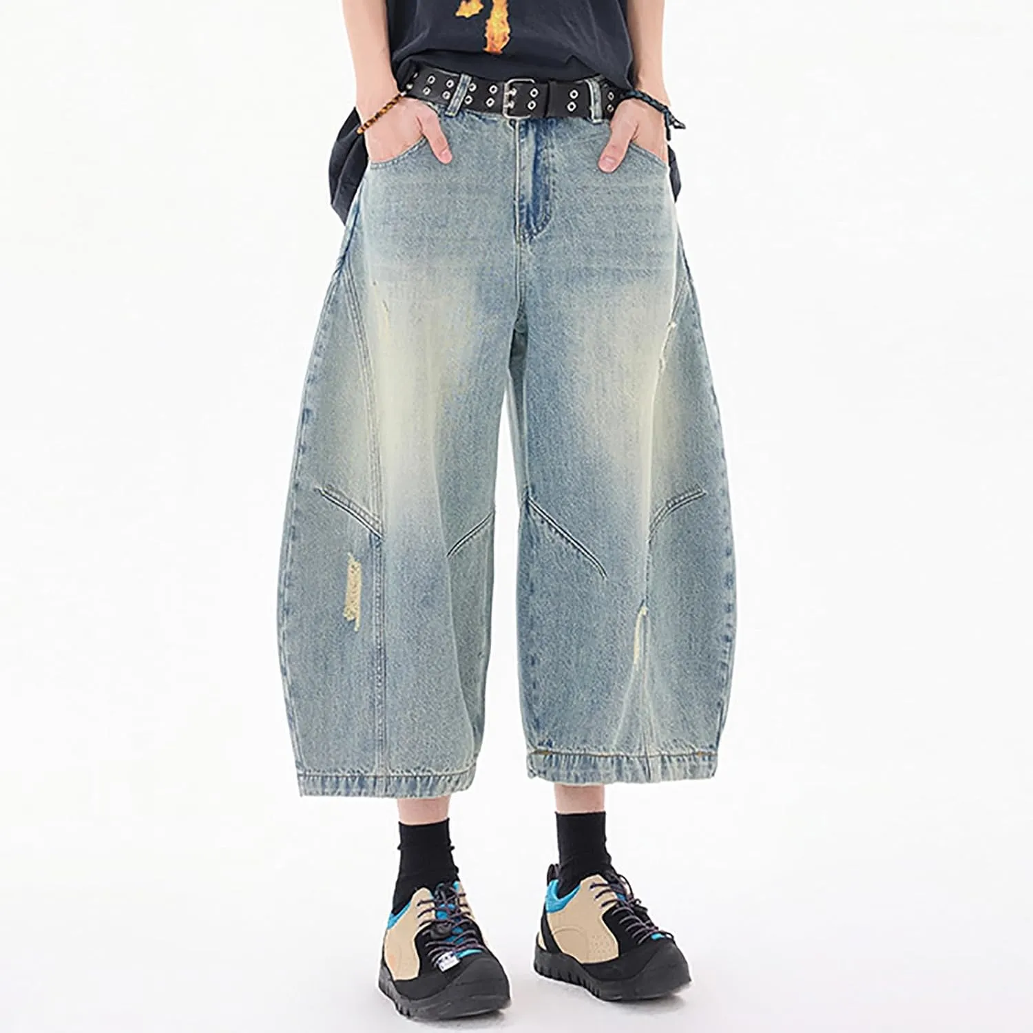 Mens Y2K Vintage Baggy Jean Shorts Wide Leg Hip Hop Mid Loose Denim Shorts with Pockets Streetwear