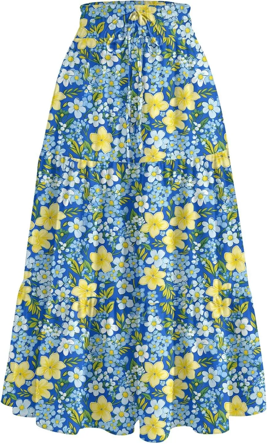Midi Skirt for Women Summer Layered Tiered High Waisted Knee Length Skirt A Line Swing Floral Print Skirts with Pockets