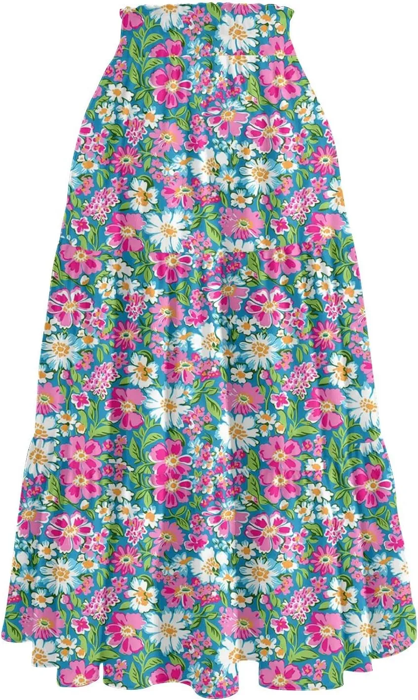 Midi Skirt for Women Summer Layered Tiered High Waisted Knee Length Skirt A Line Swing Floral Print Skirts with Pockets