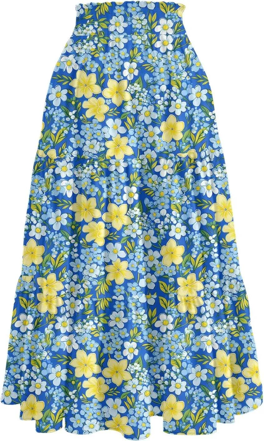Midi Skirt for Women Summer Layered Tiered High Waisted Knee Length Skirt A Line Swing Floral Print Skirts with Pockets