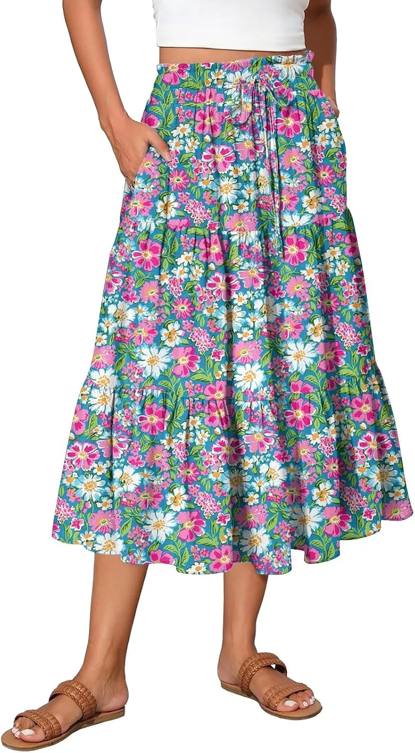 Midi Skirt for Women Summer Layered Tiered High Waisted Knee Length Skirt A Line Swing Floral Print Skirts with Pockets