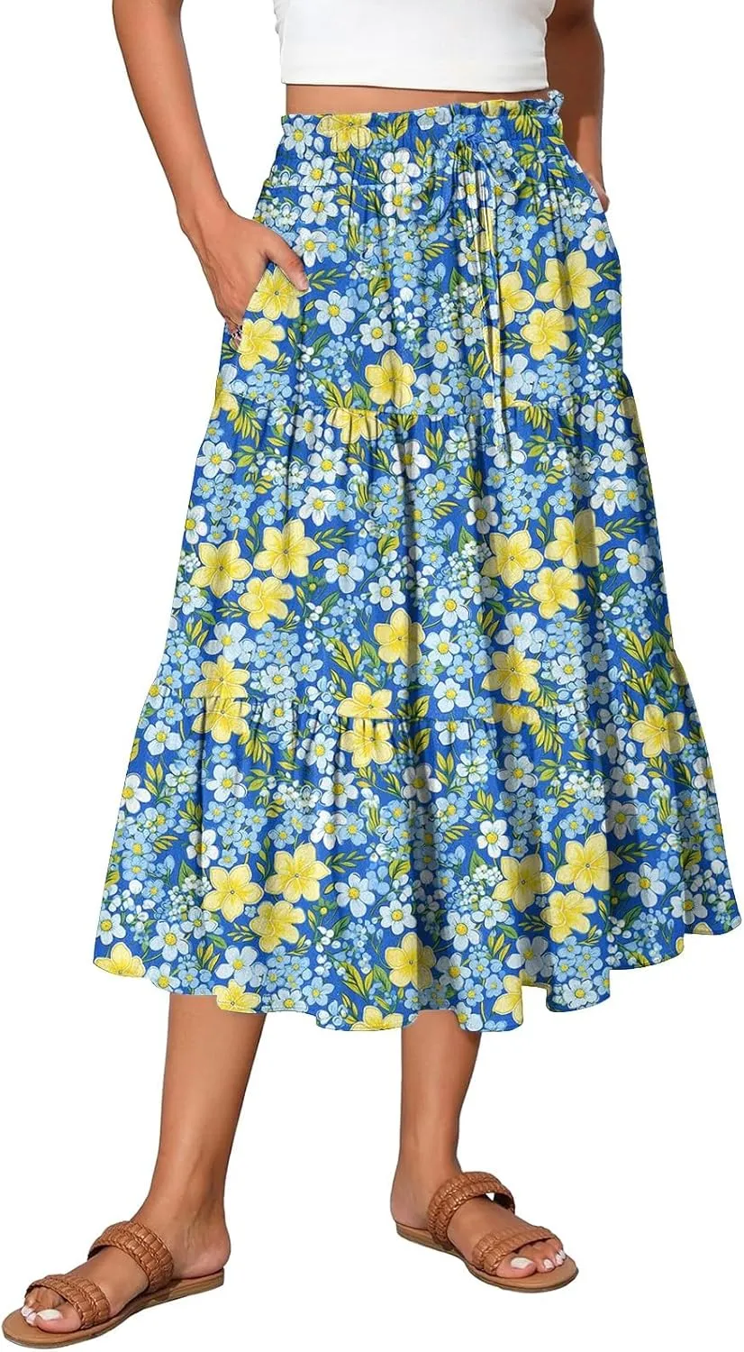 Midi Skirt for Women Summer Layered Tiered High Waisted Knee Length Skirt A Line Swing Floral Print Skirts with Pockets