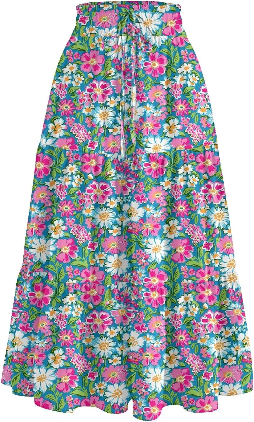 Midi Skirt for Women Summer Layered Tiered High Waisted Knee Length Skirt A Line Swing Floral Print Skirts with Pockets