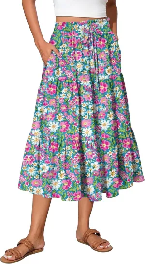 Midi Skirt for Women Summer Layered Tiered High Waisted Knee Length Skirt A Line Swing Floral Print Skirts with Pockets