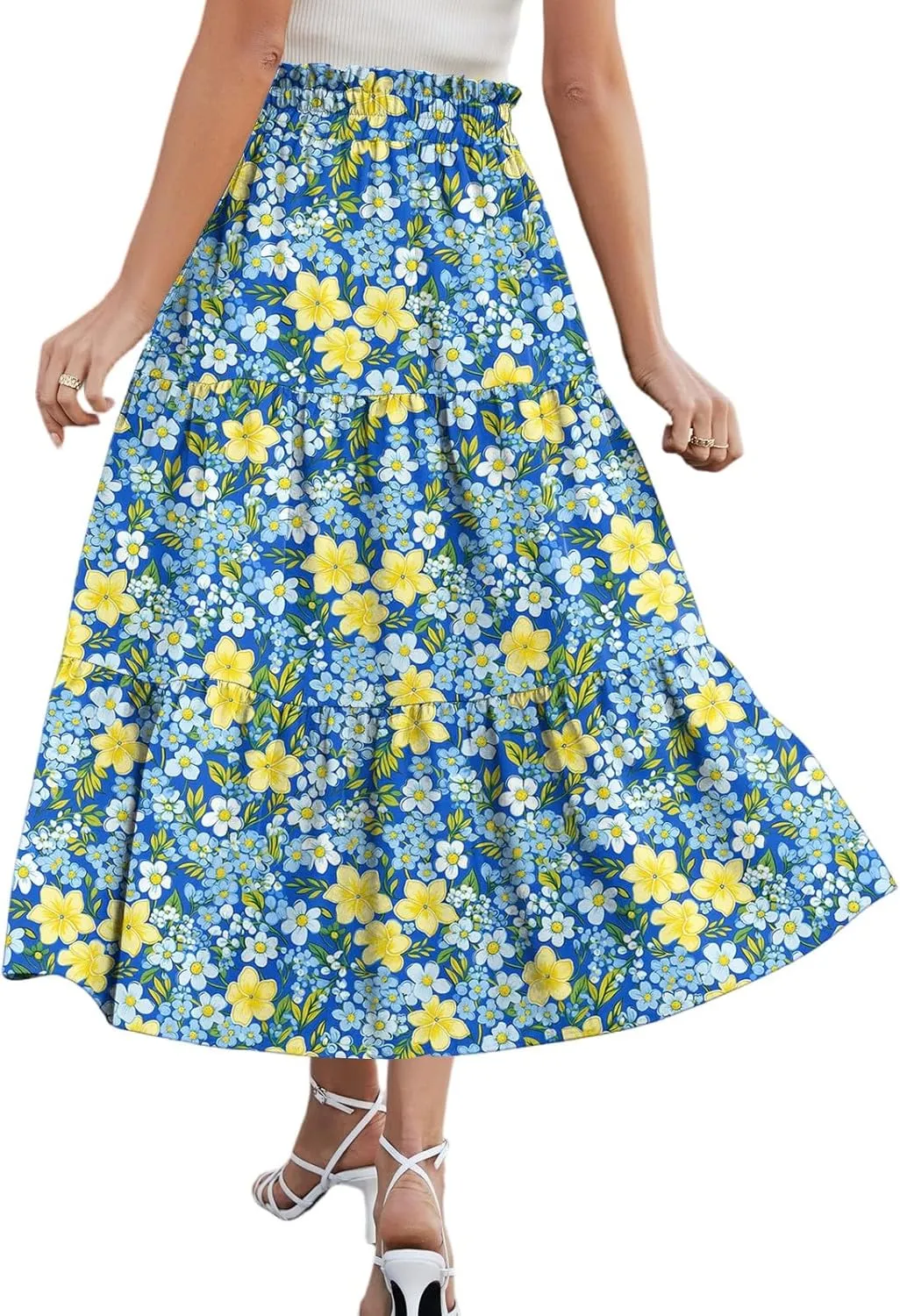 Midi Skirt for Women Summer Layered Tiered High Waisted Knee Length Skirt A Line Swing Floral Print Skirts with Pockets