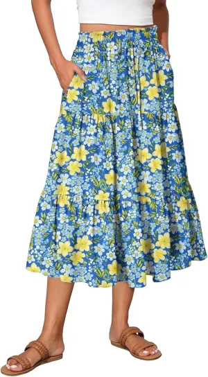 Midi Skirt for Women Summer Layered Tiered High Waisted Knee Length Skirt A Line Swing Floral Print Skirts with Pockets