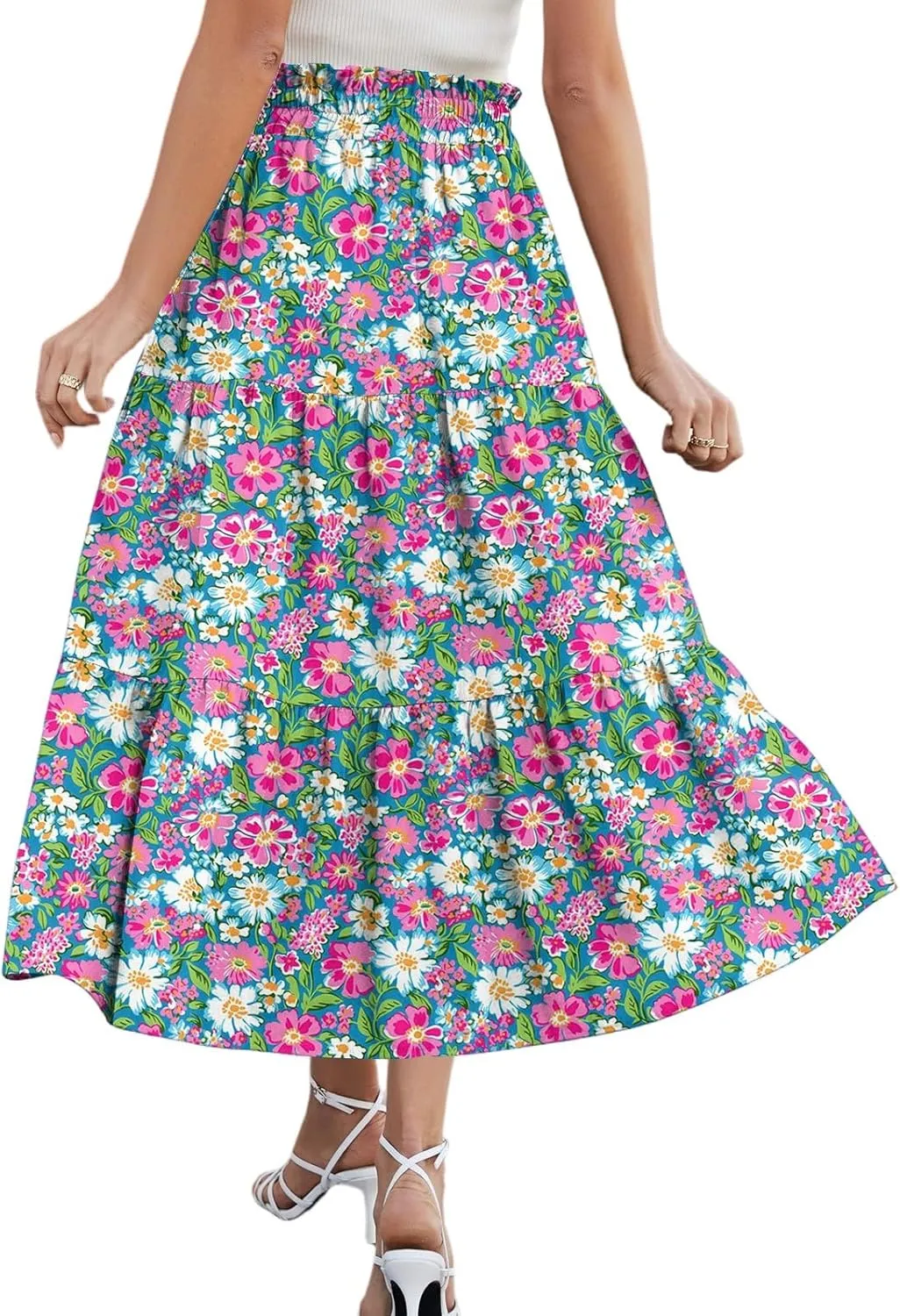 Midi Skirt for Women Summer Layered Tiered High Waisted Knee Length Skirt A Line Swing Floral Print Skirts with Pockets