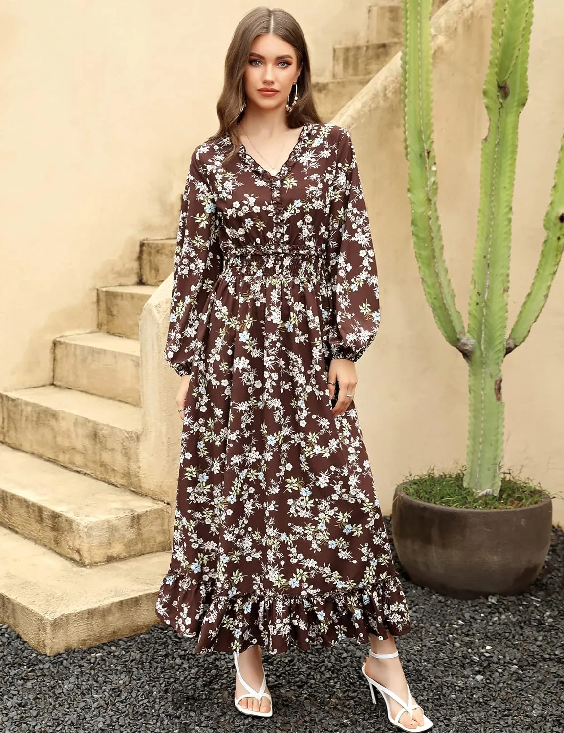 MISSKY Casual V Neck Boho Floral Print Wedding Guest Maxi Dresses for Women Bohemian Flowy Maxi Dress