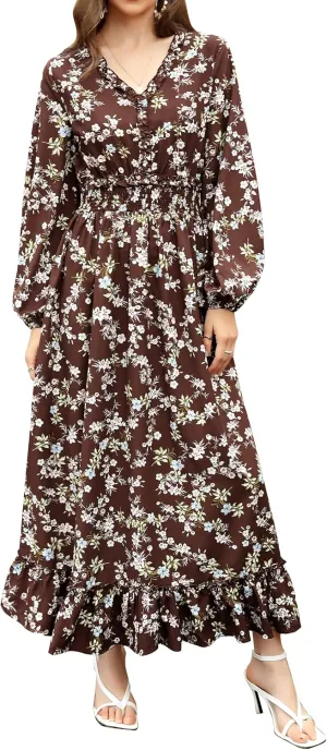 MISSKY Casual V Neck Boho Floral Print Wedding Guest Maxi Dresses for Women Bohemian Flowy Maxi Dress
