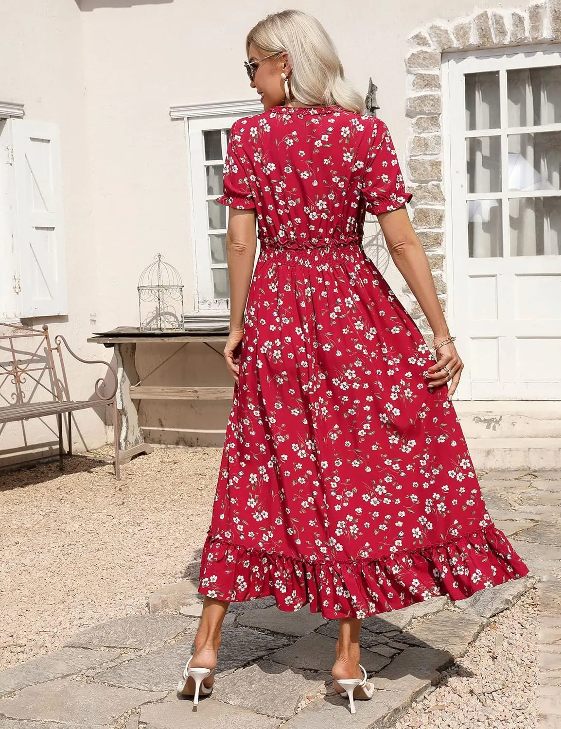 MISSKY Casual V Neck Boho Floral Print Wedding Guest Maxi Dresses for Women Bohemian Flowy Maxi Dress