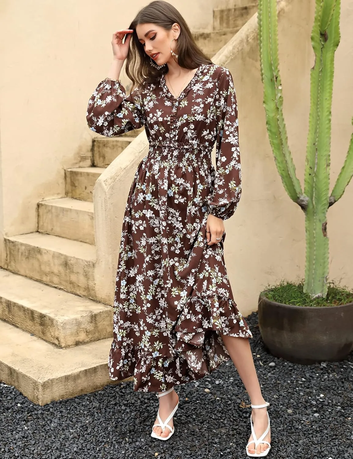 MISSKY Casual V Neck Boho Floral Print Wedding Guest Maxi Dresses for Women Bohemian Flowy Maxi Dress