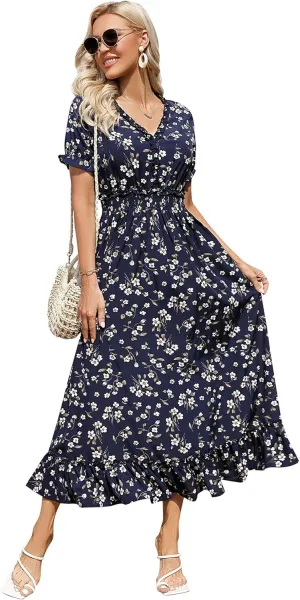 MISSKY Casual V Neck Boho Floral Print Wedding Guest Maxi Dresses for Women Bohemian Flowy Maxi Dress