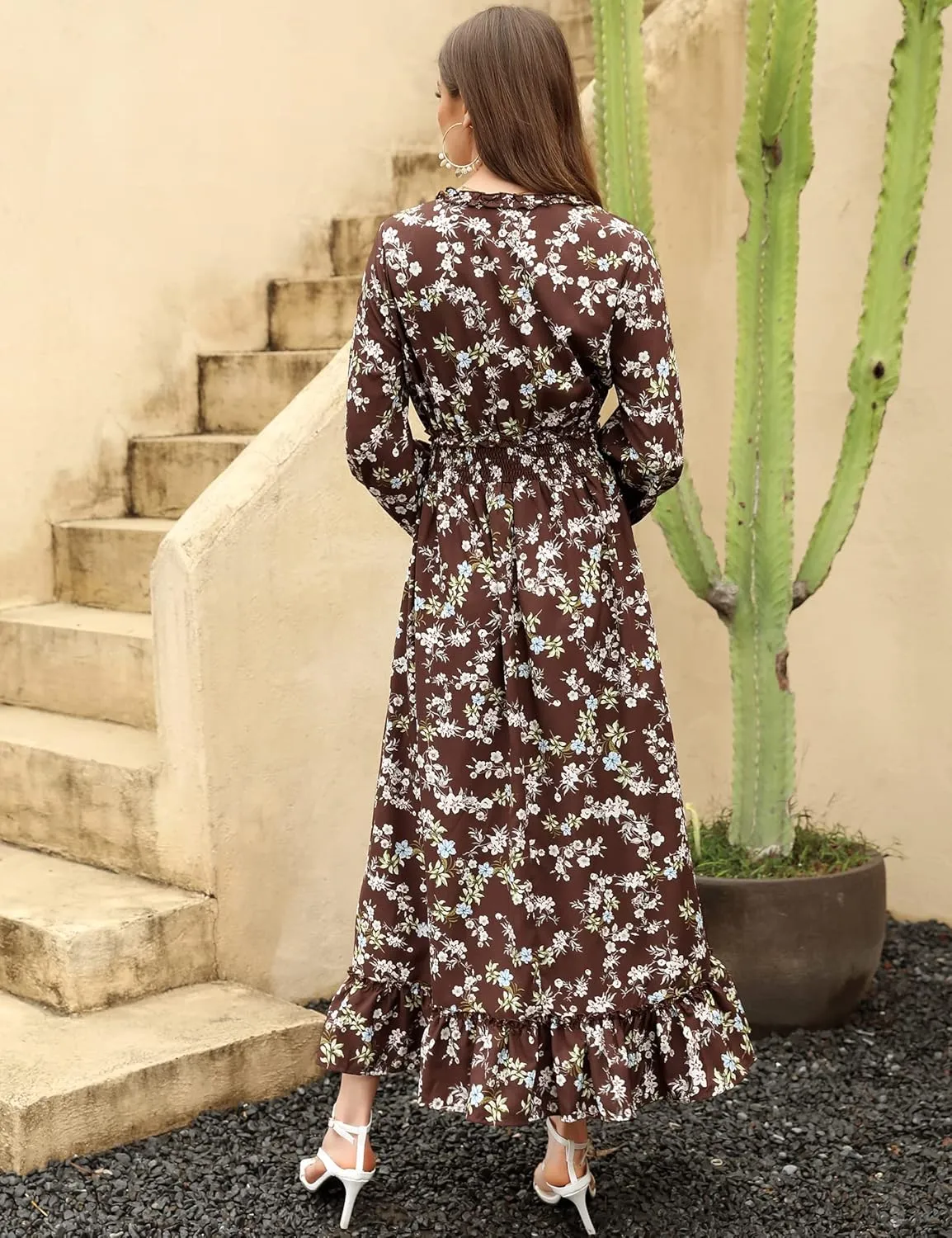 MISSKY Casual V Neck Boho Floral Print Wedding Guest Maxi Dresses for Women Bohemian Flowy Maxi Dress