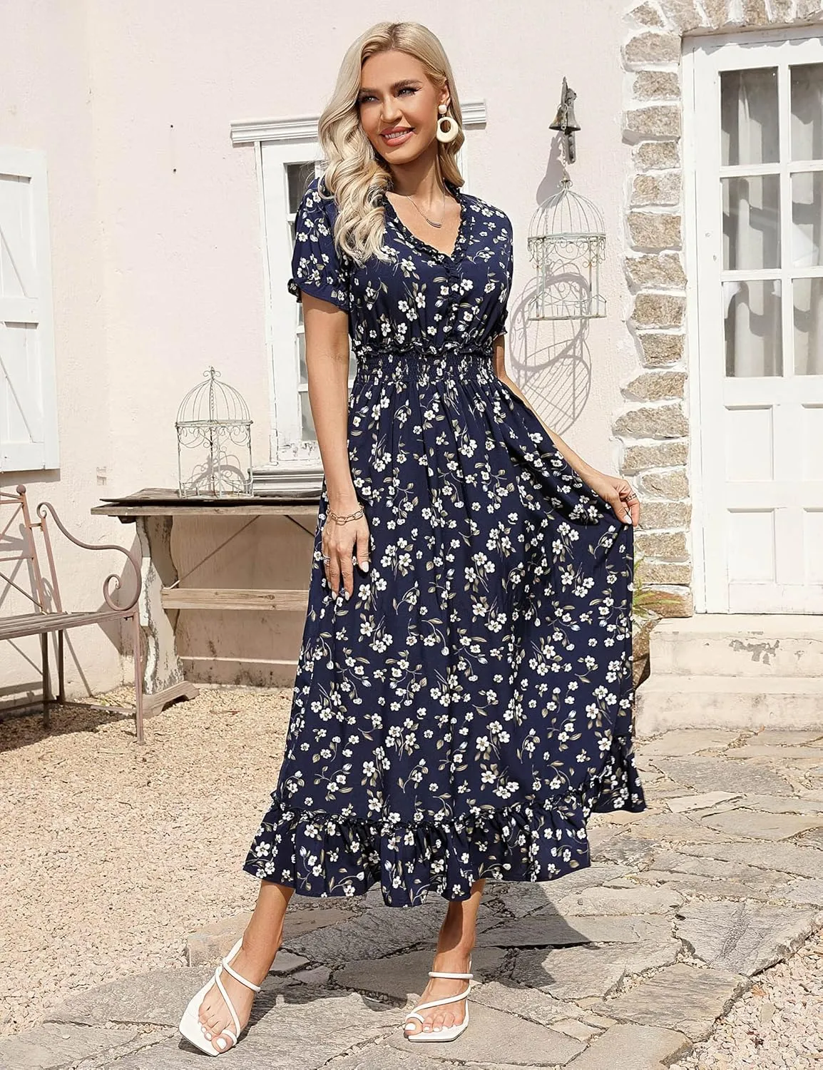 MISSKY Casual V Neck Boho Floral Print Wedding Guest Maxi Dresses for Women Bohemian Flowy Maxi Dress