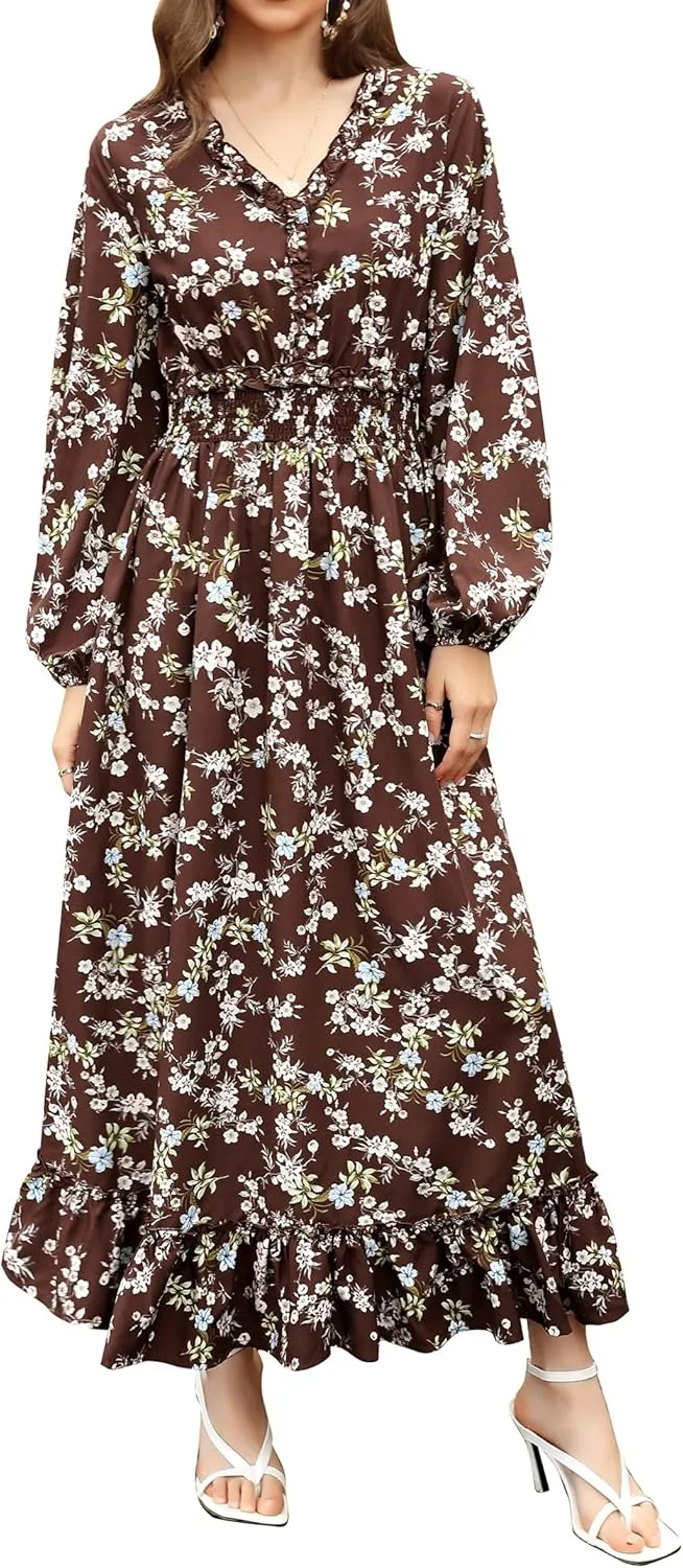 MISSKY Casual V Neck Boho Floral Print Wedding Guest Maxi Dresses for Women Bohemian Flowy Maxi Dress