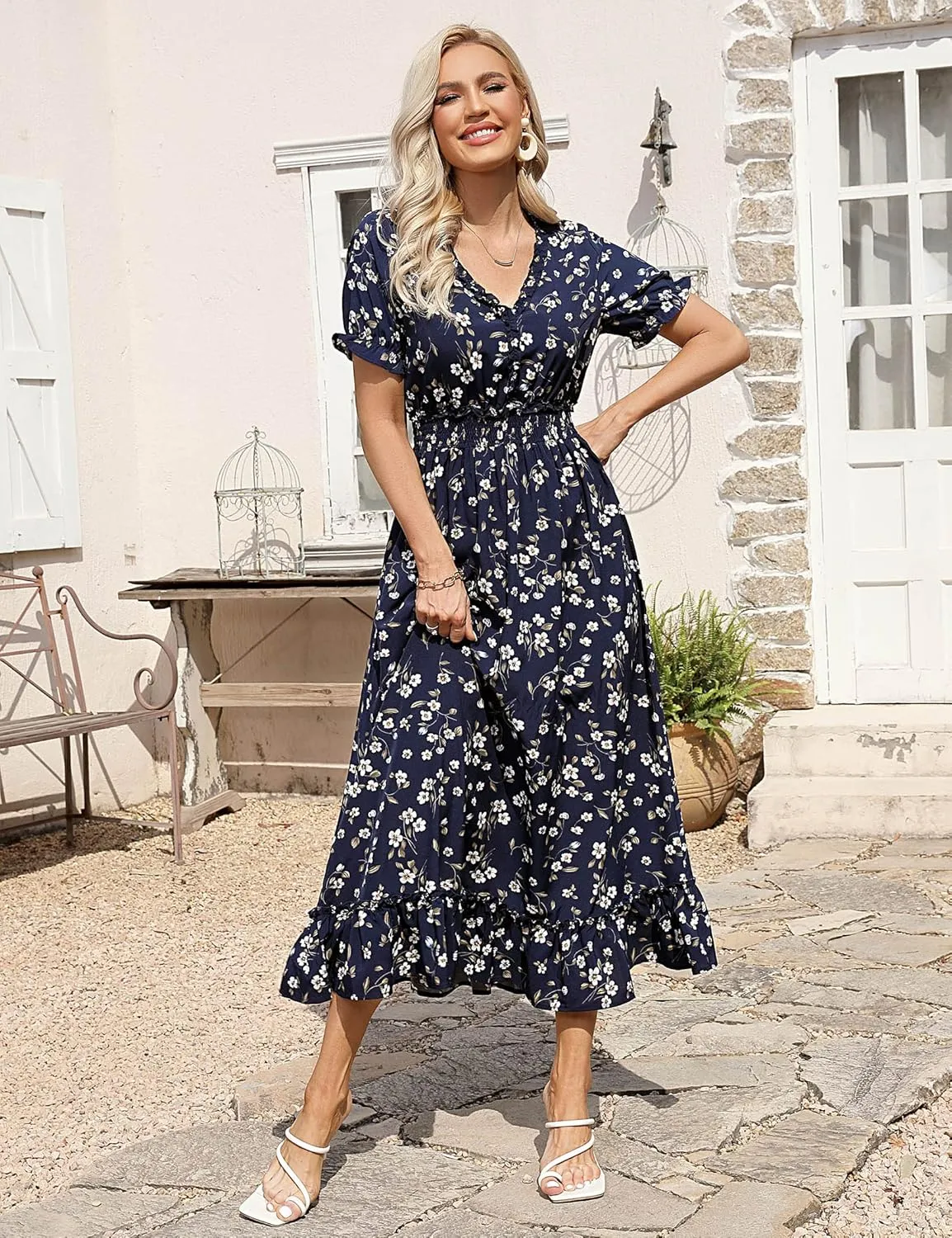 MISSKY Casual V Neck Boho Floral Print Wedding Guest Maxi Dresses for Women Bohemian Flowy Maxi Dress