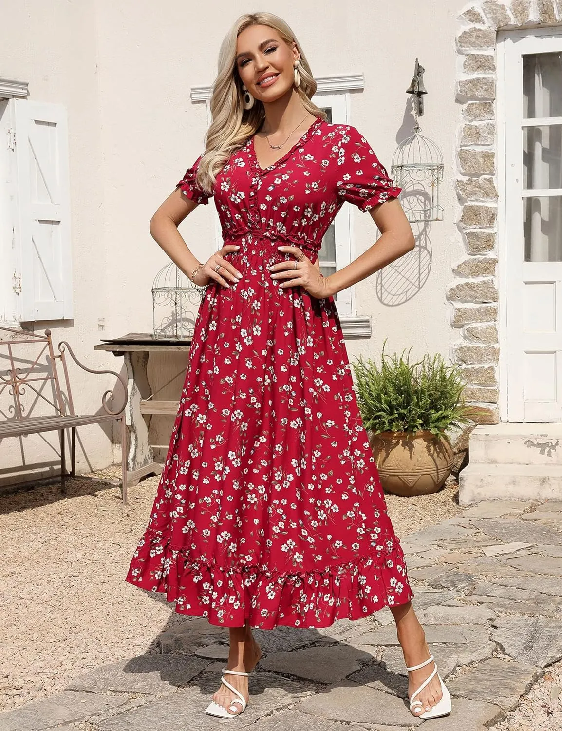MISSKY Casual V Neck Boho Floral Print Wedding Guest Maxi Dresses for Women Bohemian Flowy Maxi Dress