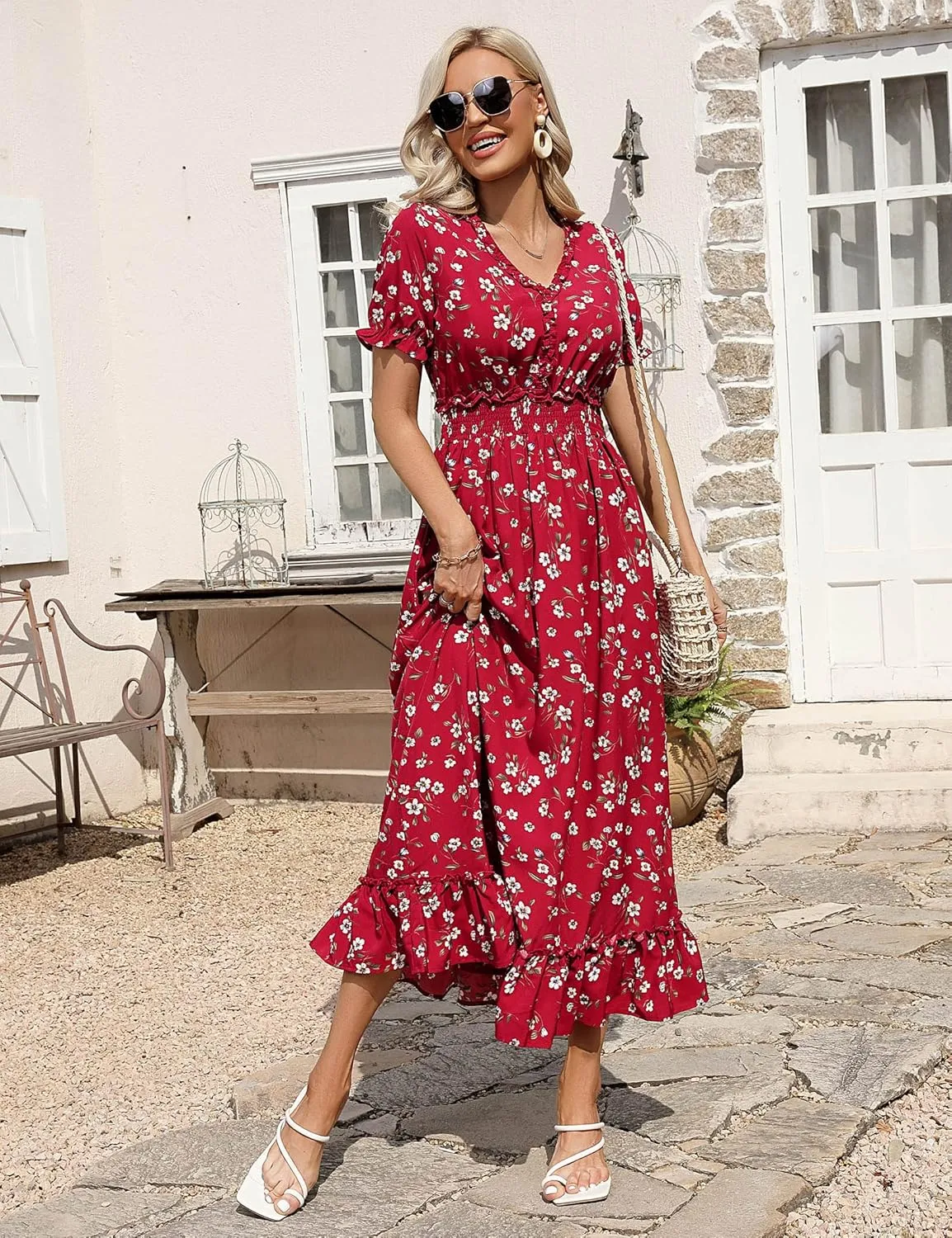 MISSKY Casual V Neck Boho Floral Print Wedding Guest Maxi Dresses for Women Bohemian Flowy Maxi Dress