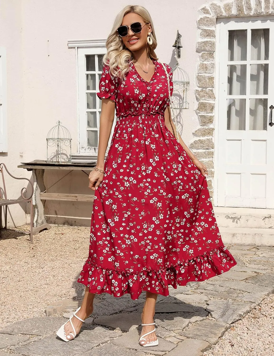 MISSKY Casual V Neck Boho Floral Print Wedding Guest Maxi Dresses for Women Bohemian Flowy Maxi Dress
