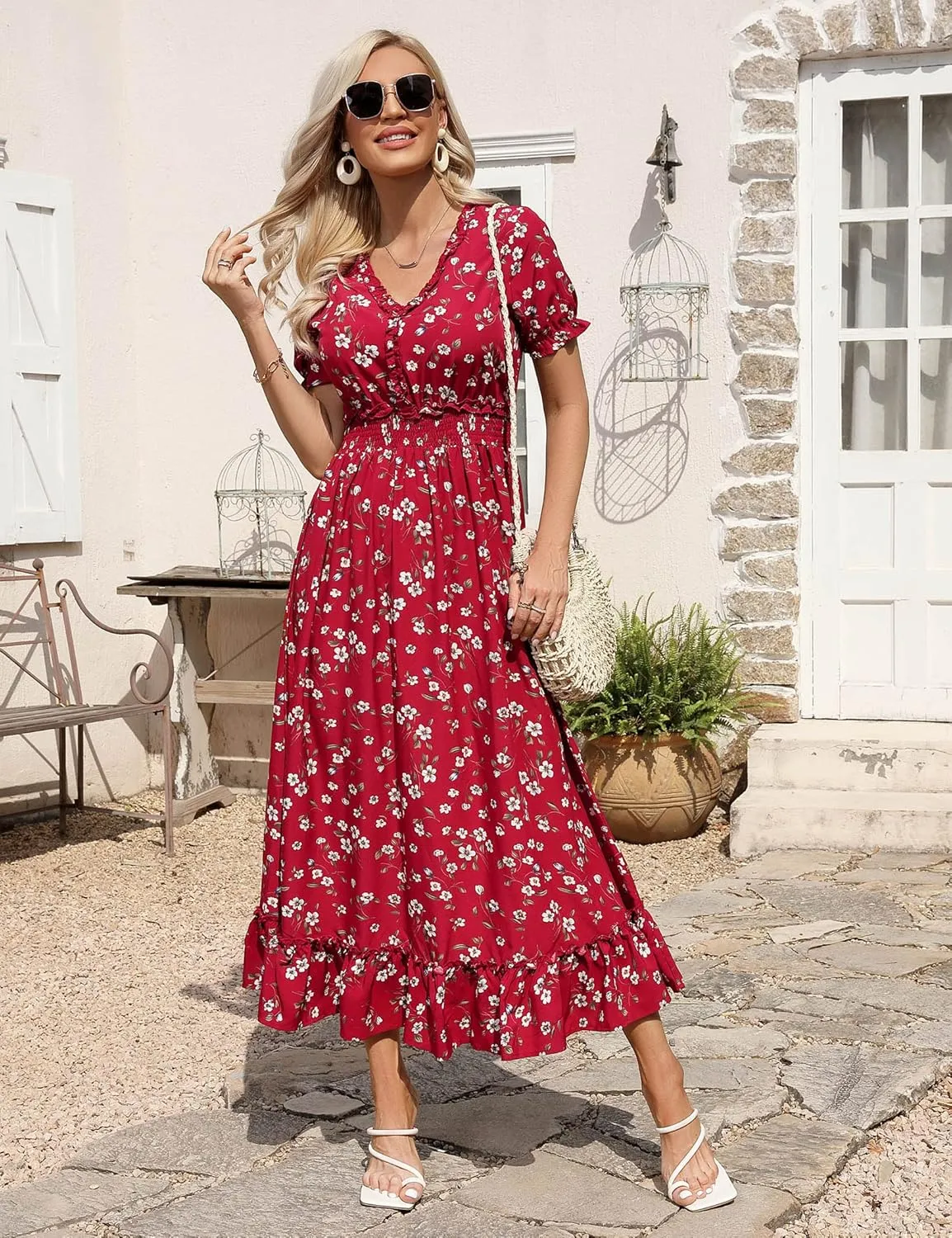 MISSKY Casual V Neck Boho Floral Print Wedding Guest Maxi Dresses for Women Bohemian Flowy Maxi Dress