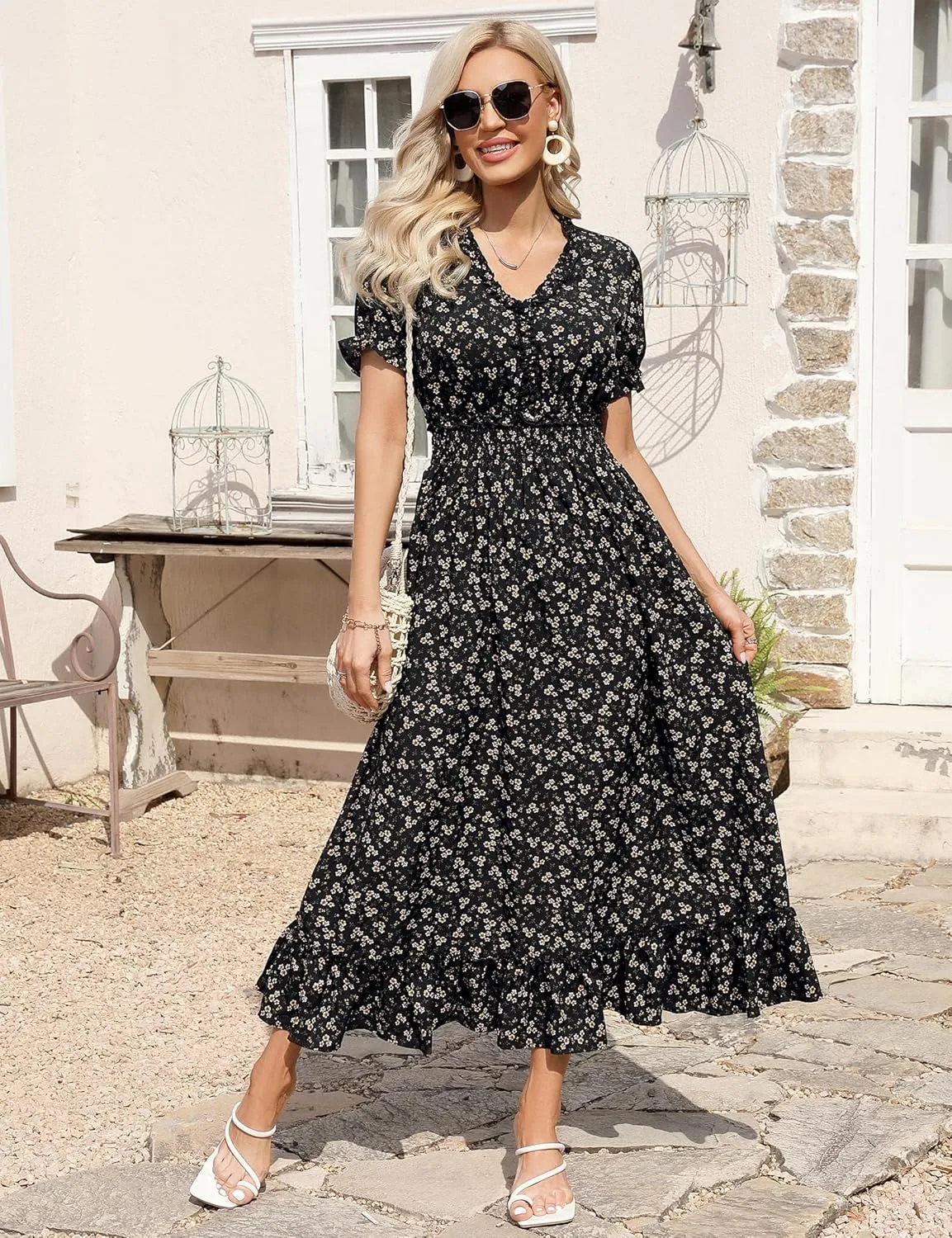 MISSKY Casual V Neck Boho Floral Print Wedding Guest Maxi Dresses for Women Bohemian Flowy Maxi Dress