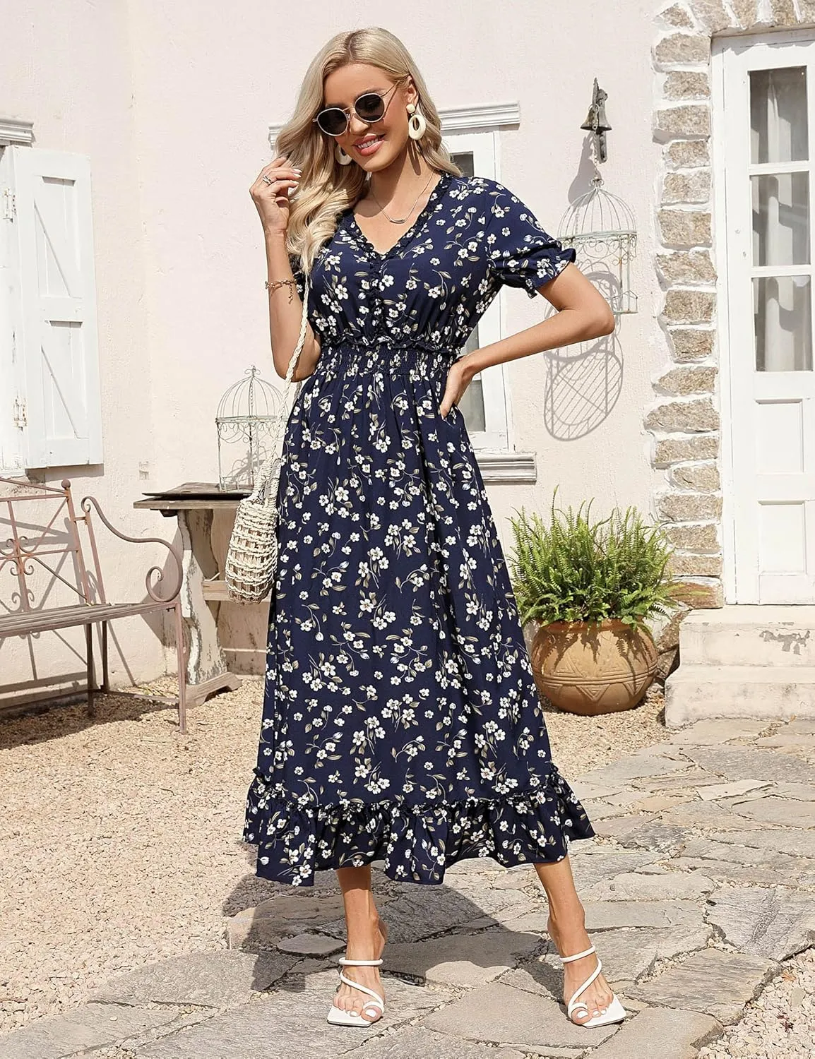MISSKY Casual V Neck Boho Floral Print Wedding Guest Maxi Dresses for Women Bohemian Flowy Maxi Dress