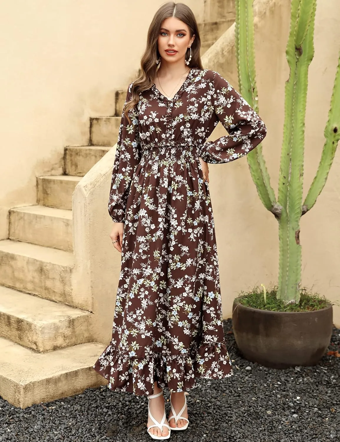 MISSKY Casual V Neck Boho Floral Print Wedding Guest Maxi Dresses for Women Bohemian Flowy Maxi Dress