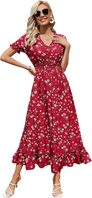 MISSKY Casual V Neck Boho Floral Print Wedding Guest Maxi Dresses for Women Bohemian Flowy Maxi Dress