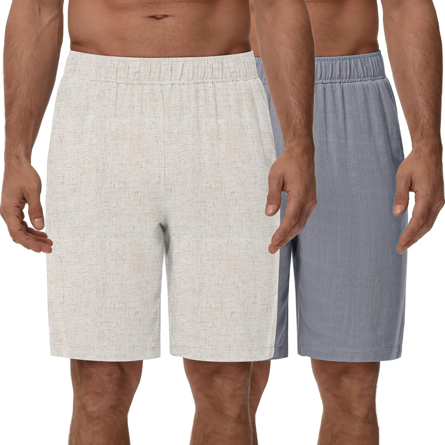 Neer 2 Pack Men's Linen Shorts, Elastic Waist Beach Shorts Summer Lightweight Shorts Casual Vacation Shorts with Pockets