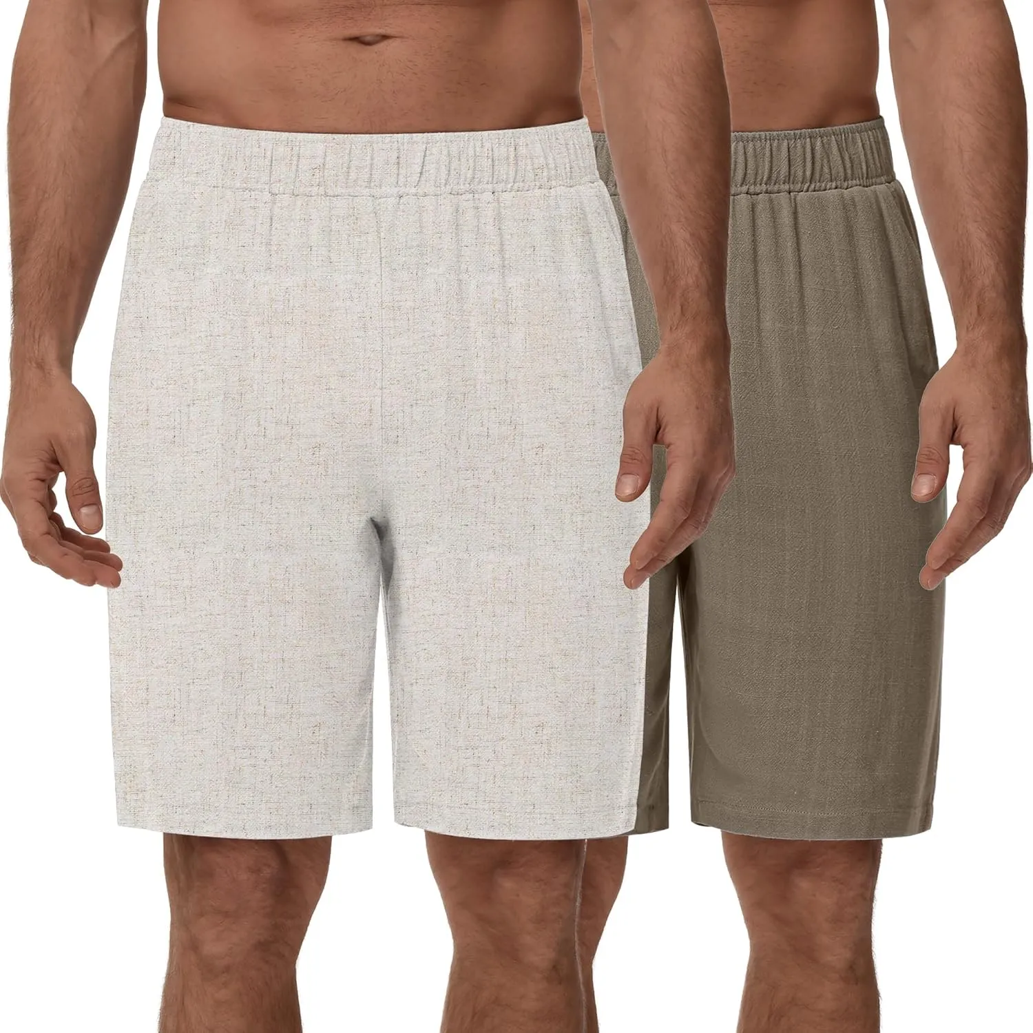 Neer 2 Pack Men's Linen Shorts, Elastic Waist Beach Shorts Summer Lightweight Shorts Casual Vacation Shorts with Pockets