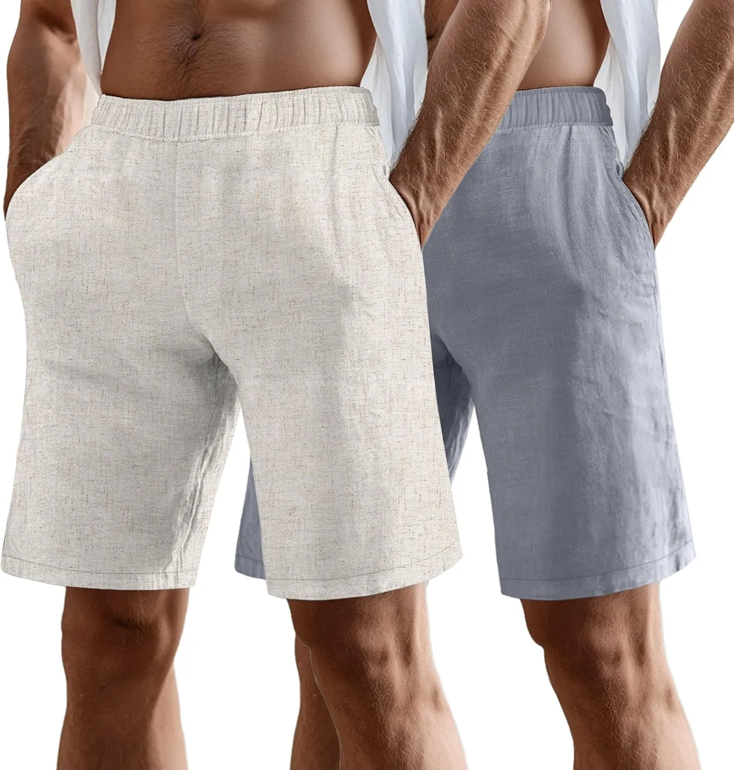 Neer 2 Pack Men's Linen Shorts, Elastic Waist Beach Shorts Summer Lightweight Shorts Casual Vacation Shorts with Pockets