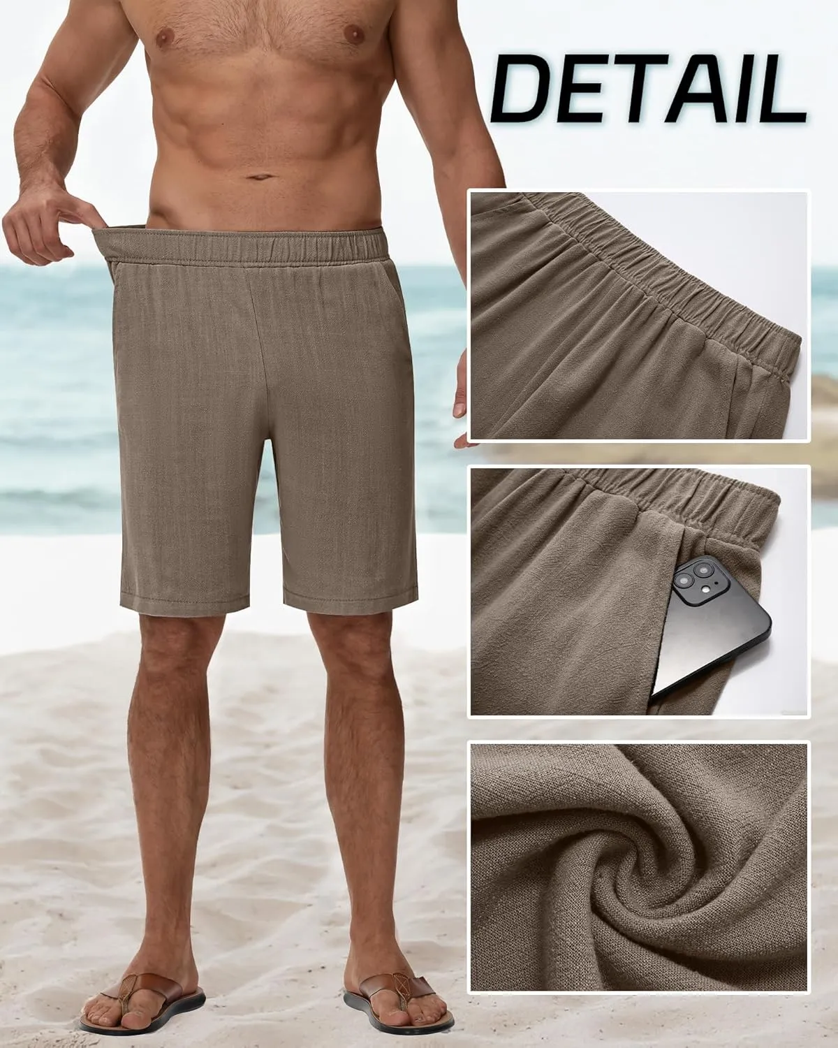 Neer 2 Pack Men's Linen Shorts, Elastic Waist Beach Shorts Summer Lightweight Shorts Casual Vacation Shorts with Pockets