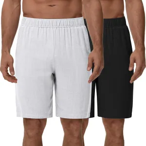 Neer 2 Pack Men's Linen Shorts, Elastic Waist Beach Shorts Summer Lightweight Shorts Casual Vacation Shorts with Pockets
