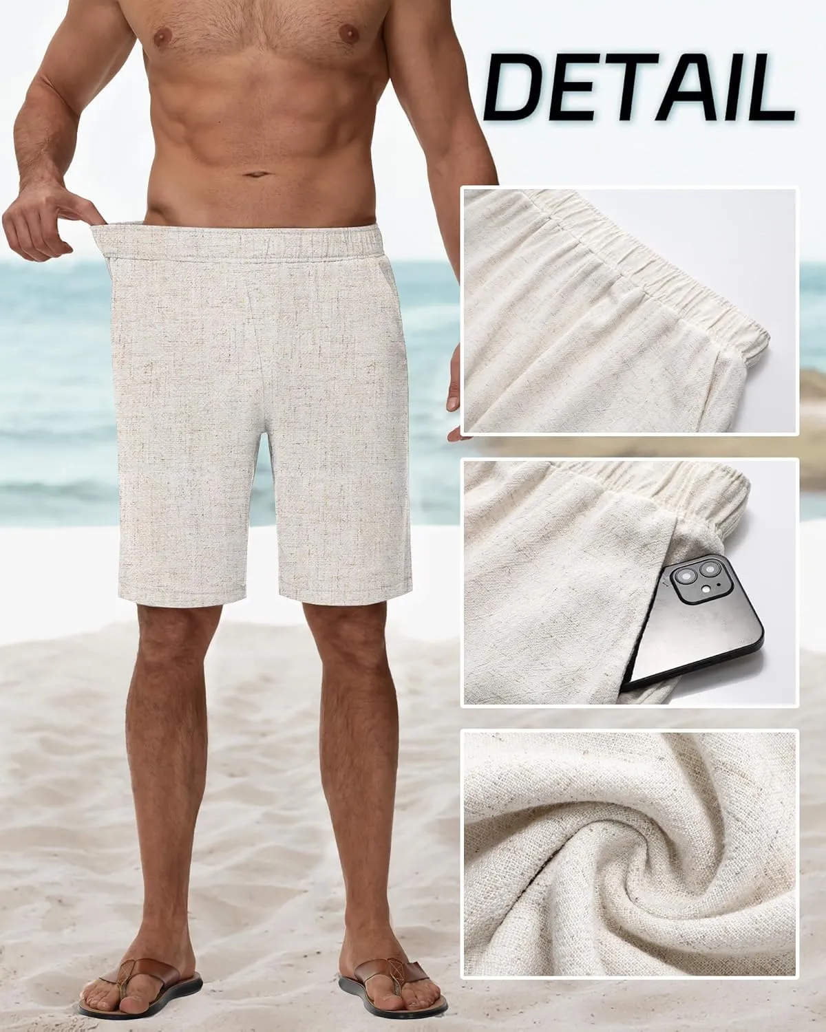Neer 2 Pack Men's Linen Shorts, Elastic Waist Beach Shorts Summer Lightweight Shorts Casual Vacation Shorts with Pockets