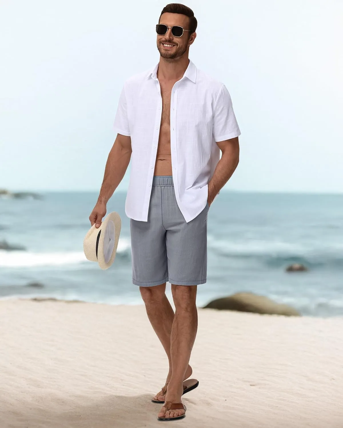 Neer 2 Pack Men's Linen Shorts, Elastic Waist Beach Shorts Summer Lightweight Shorts Casual Vacation Shorts with Pockets