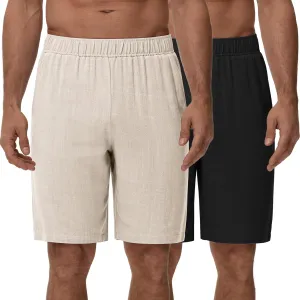 Neer 2 Pack Men's Linen Shorts, Elastic Waist Beach Shorts Summer Lightweight Shorts Casual Vacation Shorts with Pockets