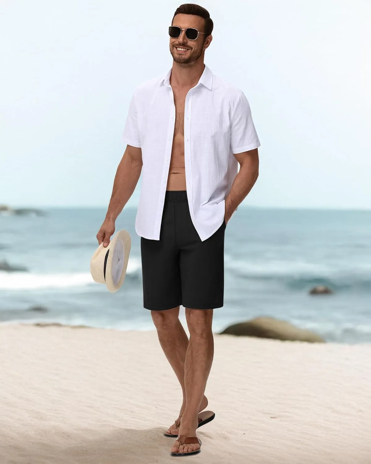 Neer 2 Pack Men's Linen Shorts, Elastic Waist Beach Shorts Summer Lightweight Shorts Casual Vacation Shorts with Pockets
