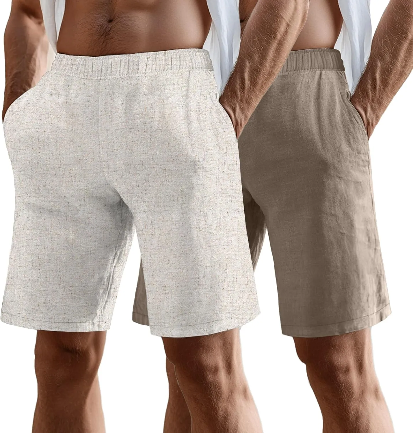 Neer 2 Pack Men's Linen Shorts, Elastic Waist Beach Shorts Summer Lightweight Shorts Casual Vacation Shorts with Pockets
