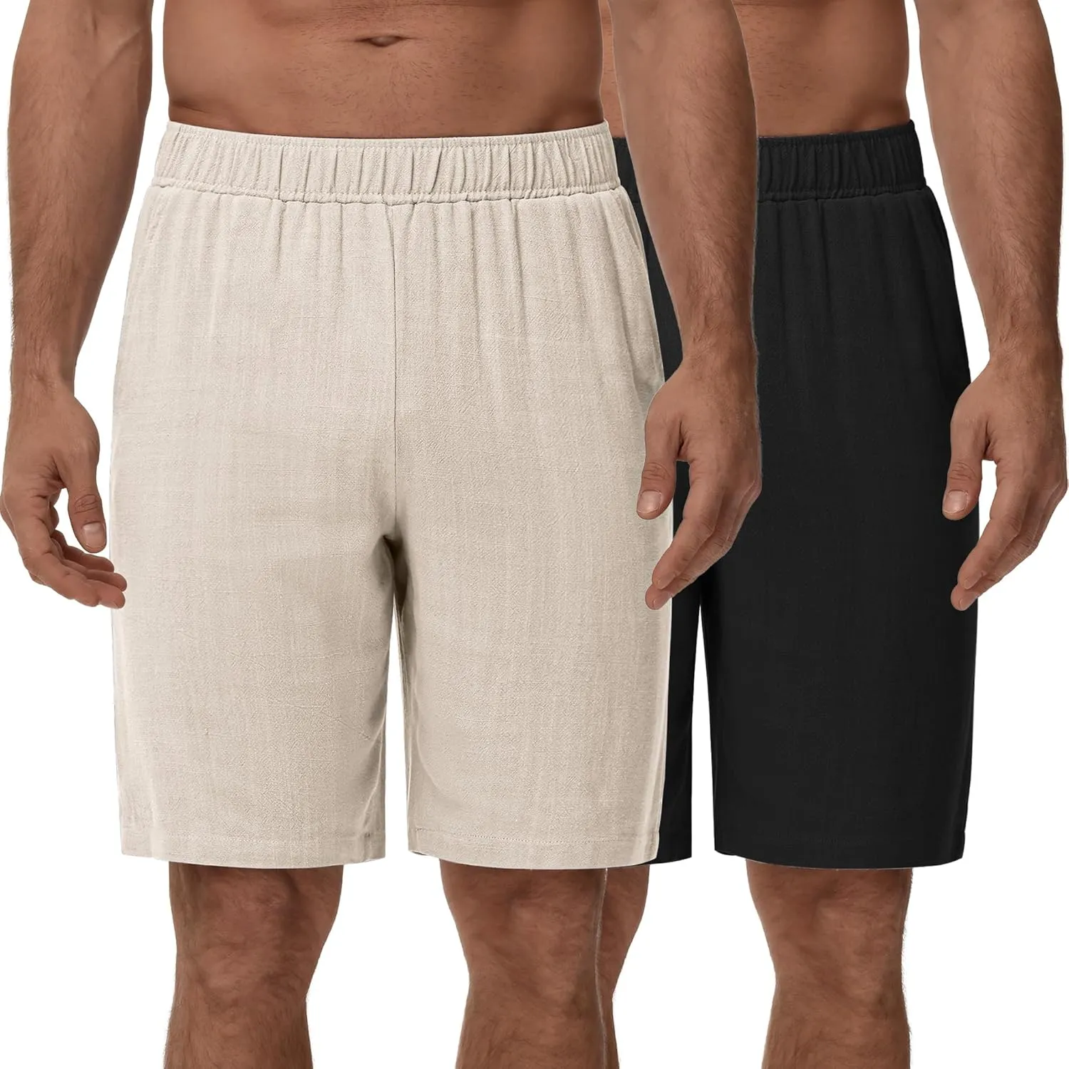 Neer 2 Pack Men's Linen Shorts, Elastic Waist Beach Shorts Summer Lightweight Shorts Casual Vacation Shorts with Pockets