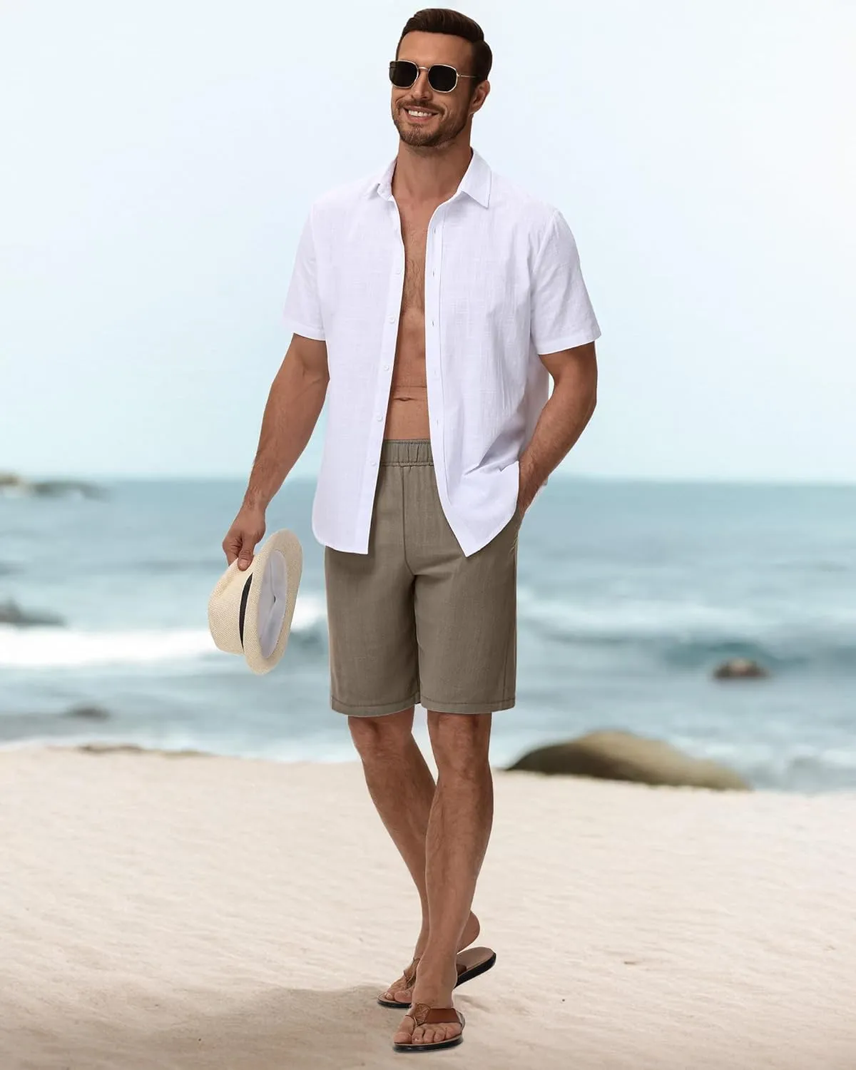 Neer 2 Pack Men's Linen Shorts, Elastic Waist Beach Shorts Summer Lightweight Shorts Casual Vacation Shorts with Pockets