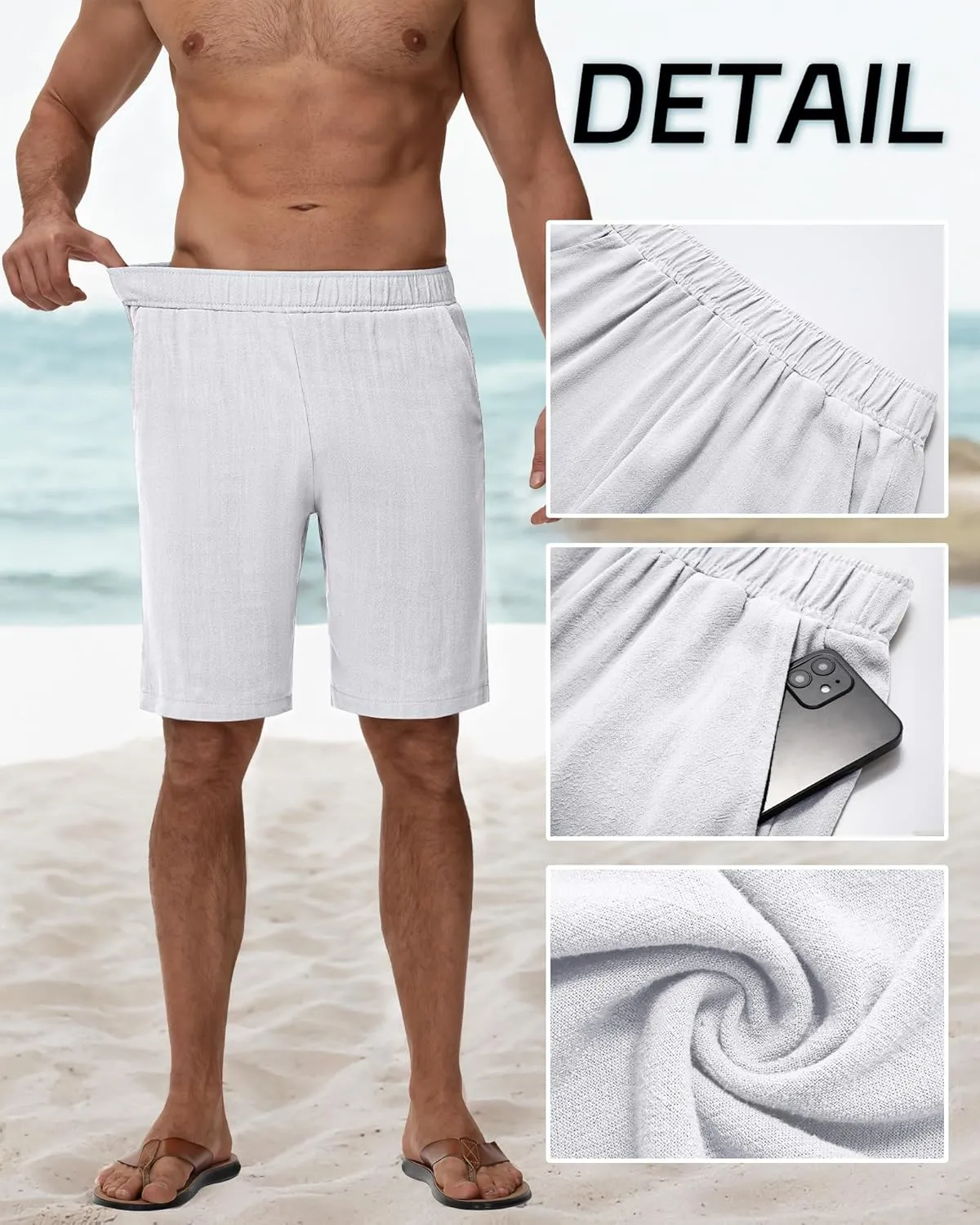 Neer 2 Pack Men's Linen Shorts, Elastic Waist Beach Shorts Summer Lightweight Shorts Casual Vacation Shorts with Pockets