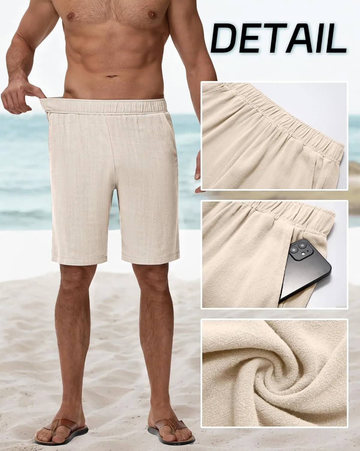 Neer 2 Pack Men's Linen Shorts, Elastic Waist Beach Shorts Summer Lightweight Shorts Casual Vacation Shorts with Pockets