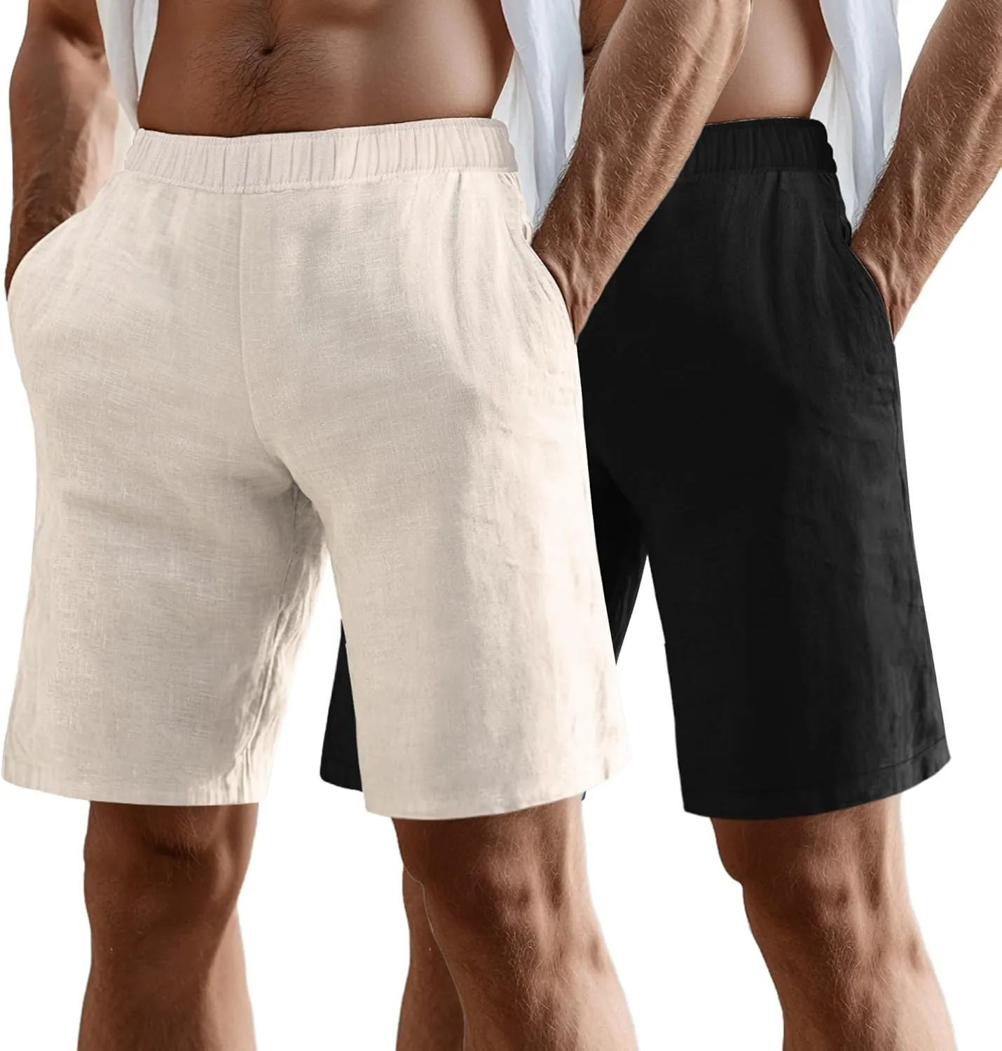 Neer 2 Pack Men's Linen Shorts, Elastic Waist Beach Shorts Summer Lightweight Shorts Casual Vacation Shorts with Pockets