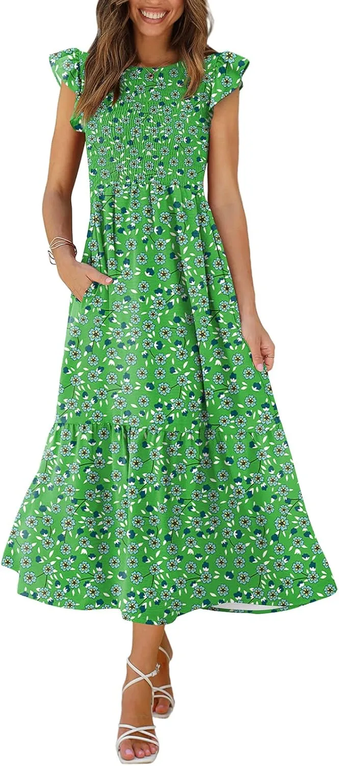 OFEEFAN Women's Casual Maxi Dresses with Pockets Ruffle Sleeve Smocked Dress XS-2XL