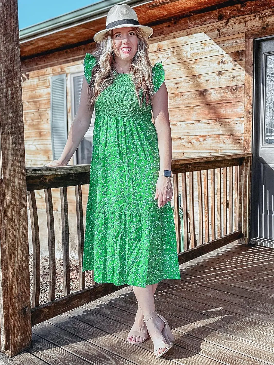 OFEEFAN Women's Casual Maxi Dresses with Pockets Ruffle Sleeve Smocked Dress XS-2XL