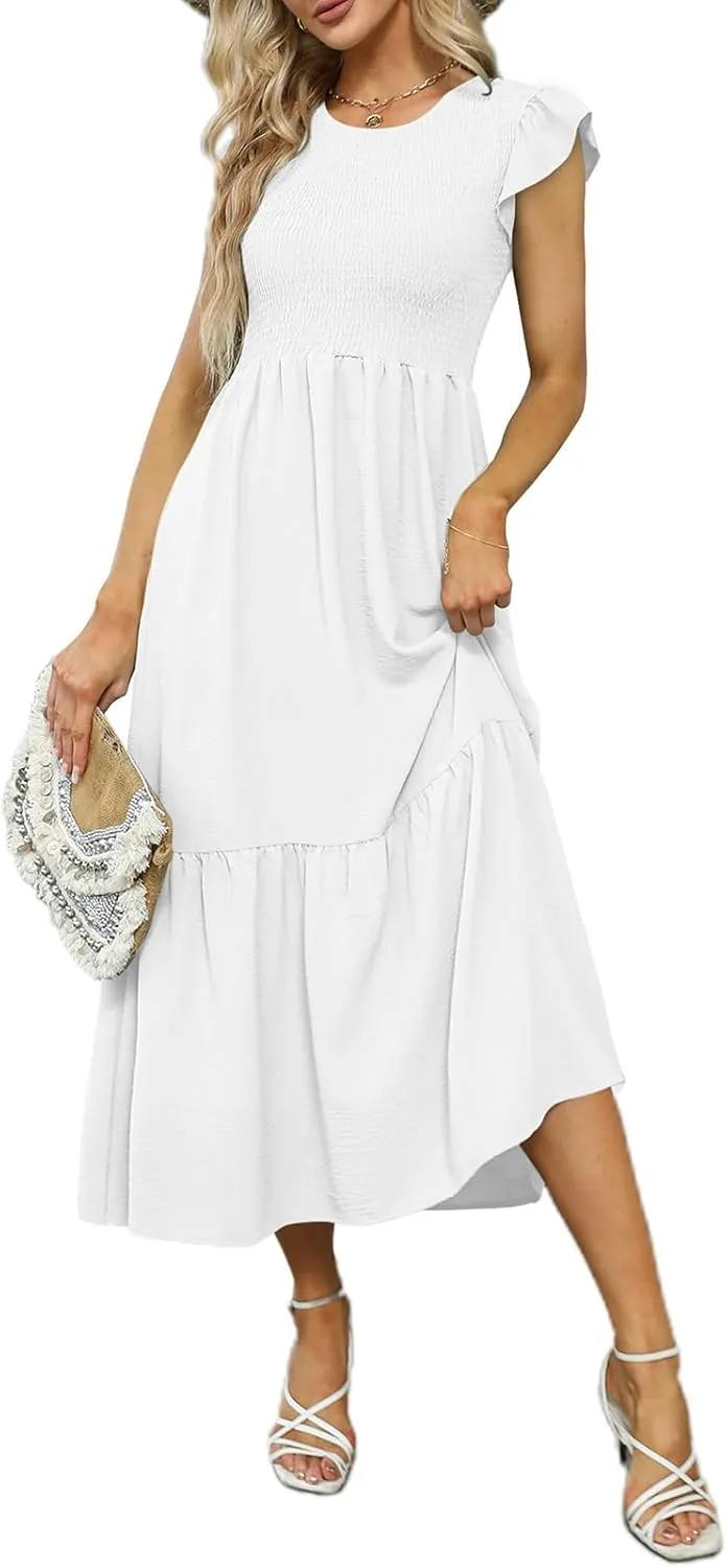 OFEEFAN Women's Casual Maxi Dresses with Pockets Ruffle Sleeve Smocked Dress XS-2XL