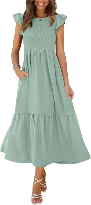 OFEEFAN Women's Casual Maxi Dresses with Pockets Ruffle Sleeve Smocked Dress XS-2XL